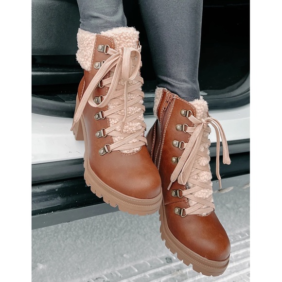 Brown Sherpa Lace-Up Lug Sole Combat Booties - Picture 7 of 16